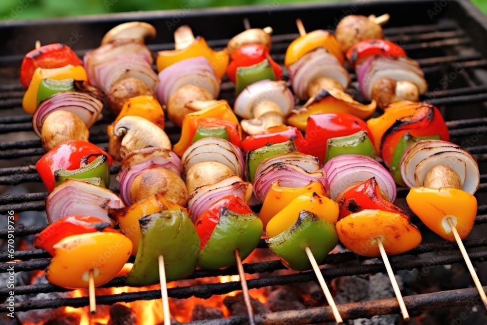 grilling skewered mushrooms, onions, and peppers grilling skewered mushrooms, onions, and peppers