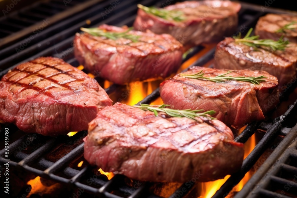 steaks being seared on a hot grill