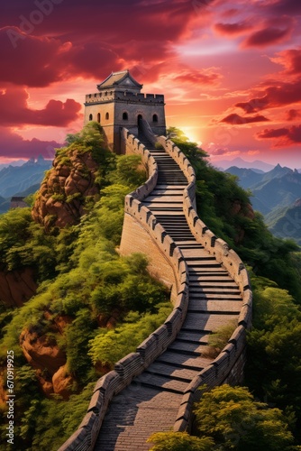 Stunning Great Wall of China at sunset, Generative AI photo