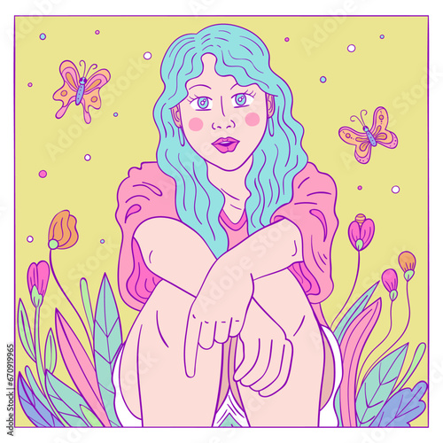 Colorful Cute Girl Illustration With Flowers and Butterflies