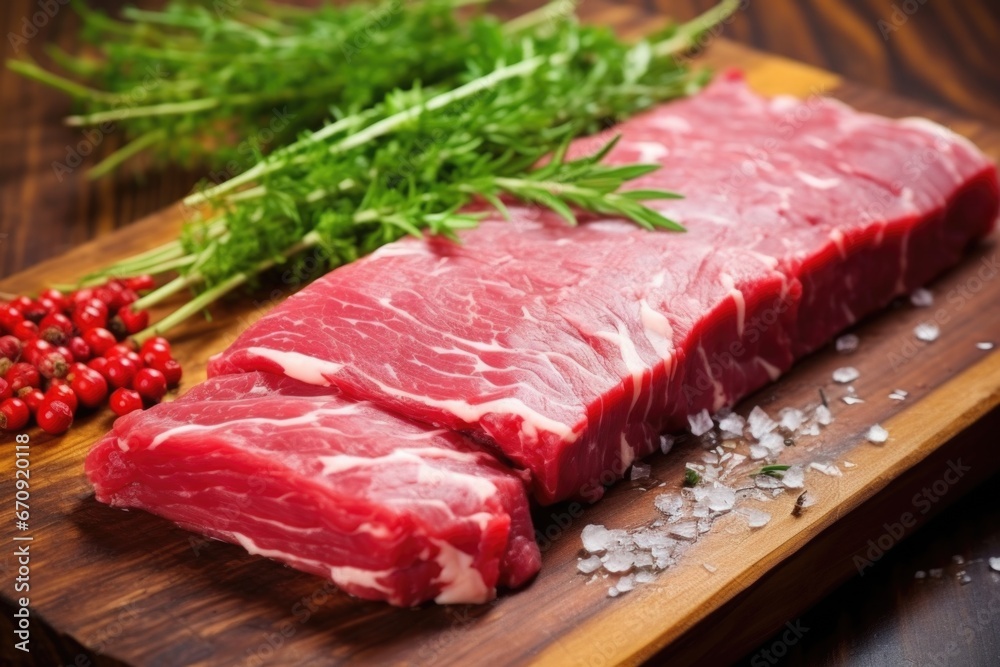 close-up of herbs adhered on raw beef steak