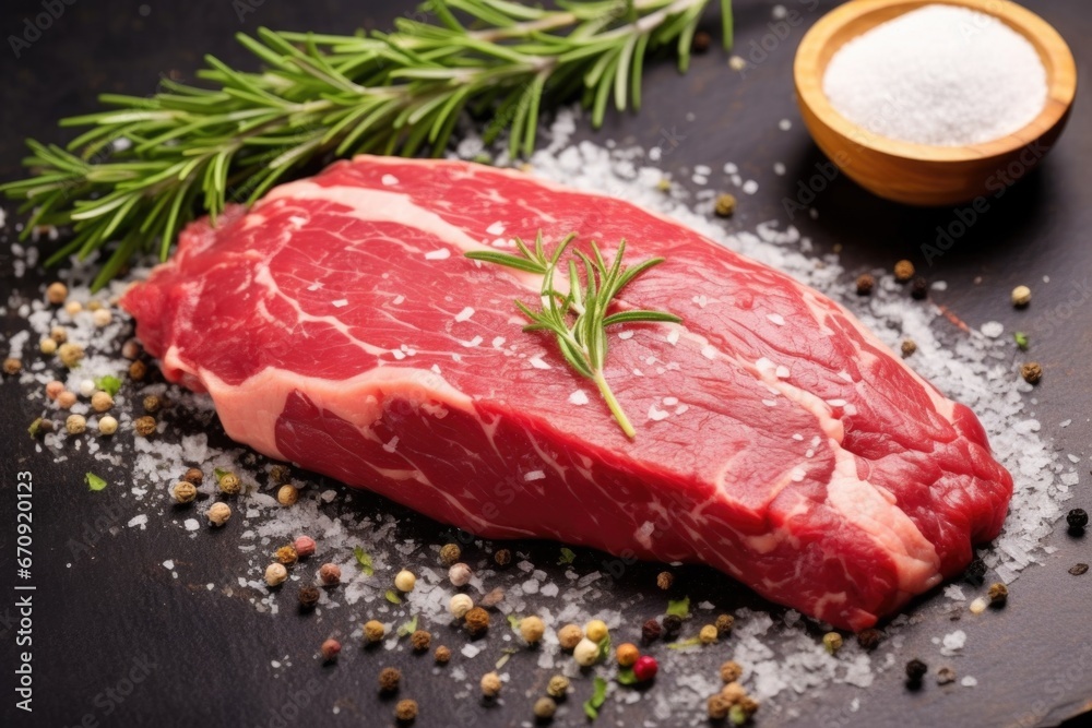 herb rub on raw steak with salt scattered around herb rub on raw steak with salt scattered around
