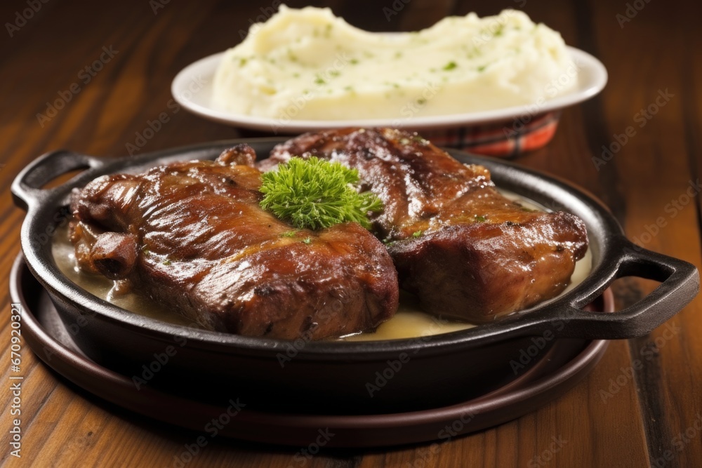 sizzling ribs with side of mashed potatoes sizzling ribs with side of mashed potatoes