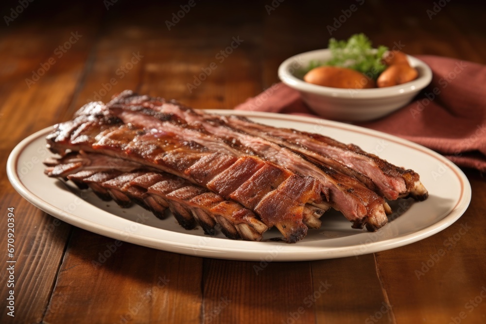 half-eaten hickory smoked ribs on a porcelain platter