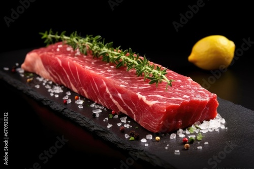 raw steak with herb rub against black background