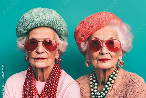 Old stylish woman pensioner friends. Fashion cool senior age. Generate Ai