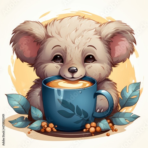 Cute Koala Sleeping With Coffee Blanket , Cartoon, Icon Illustration photo