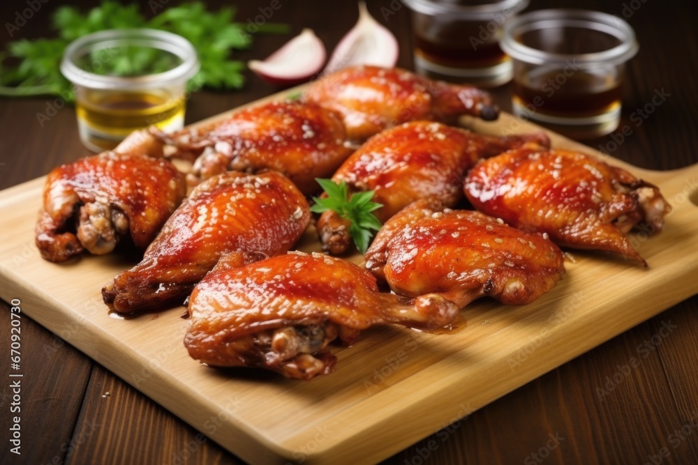 bbq chicken wings glazed with honey on a wood board