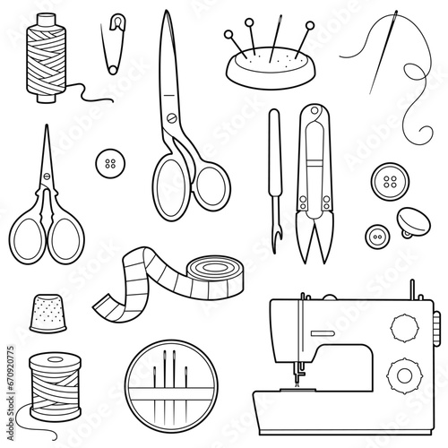 Sewing tools black outline set. Sewing accessories for hobby. Buttons, threads, sewing machine, scissors, pillow with needles, centimeter.