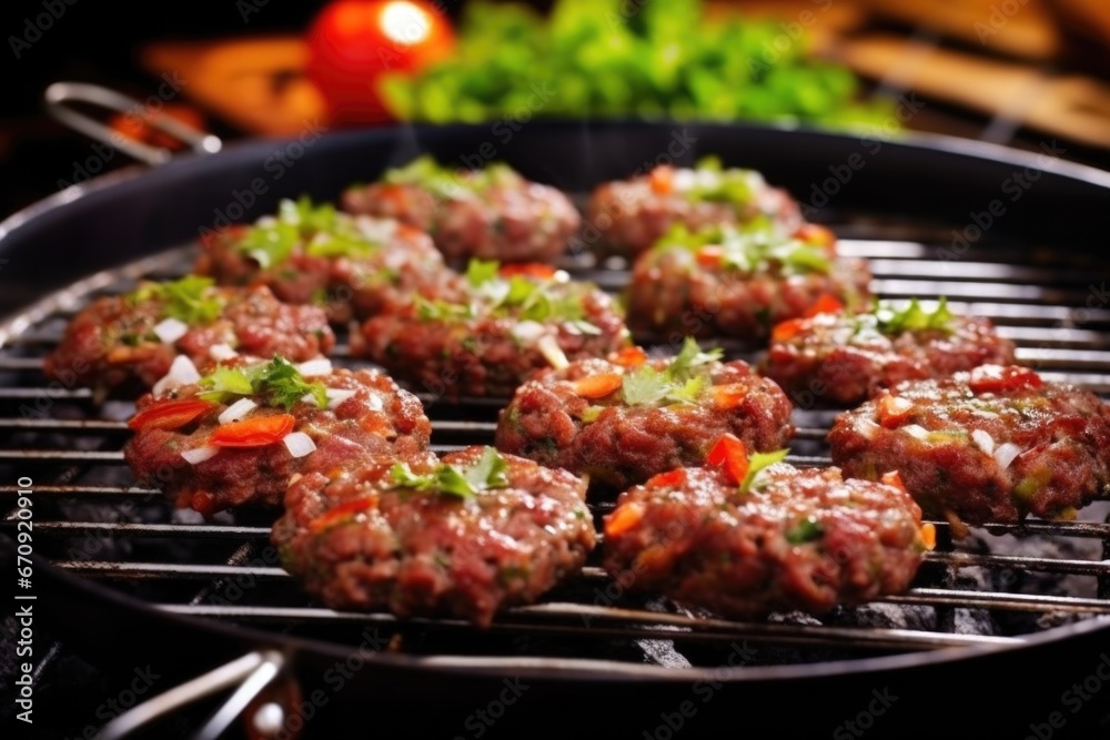 minced meat kebabs on metal skewers placed on a cooking pan
