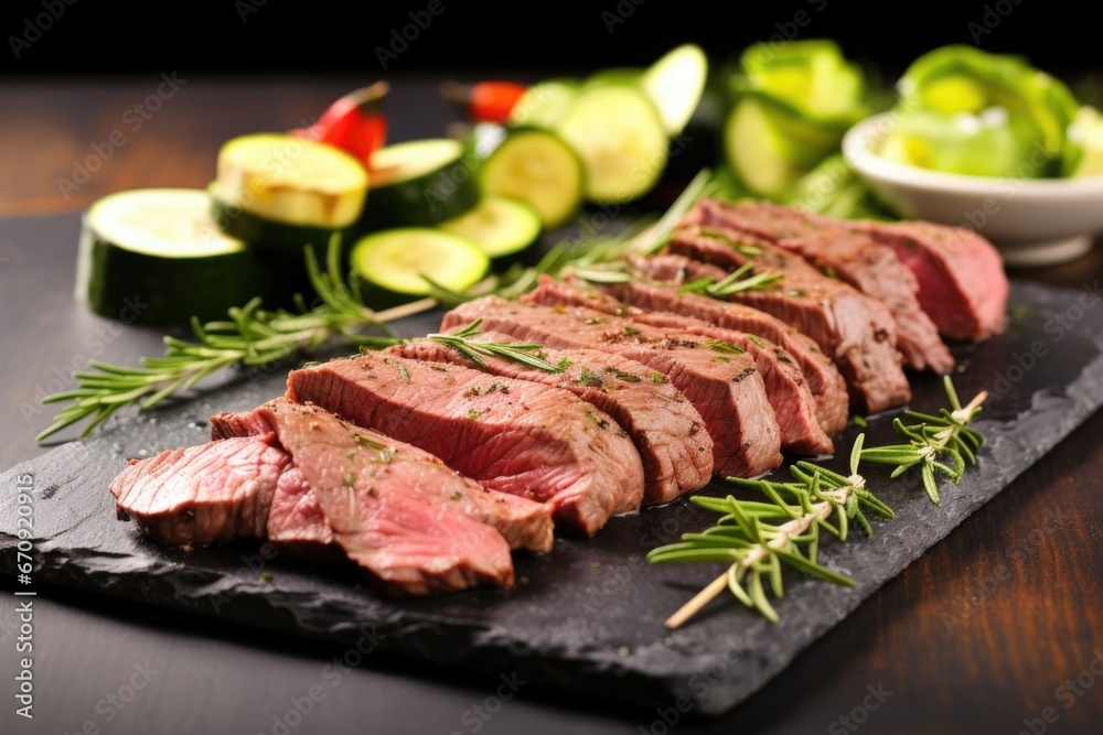 grilled skewers of beef and zucchini on a slate platter grilled skewers of beef and zucchini on a slate platter