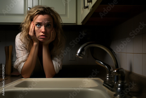 Woman in Distress at Kitchen Sink