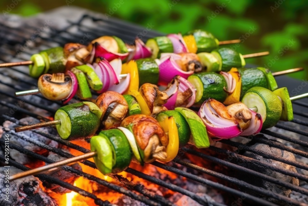 a skewer with mushrooms, courgette, and red onion over fire