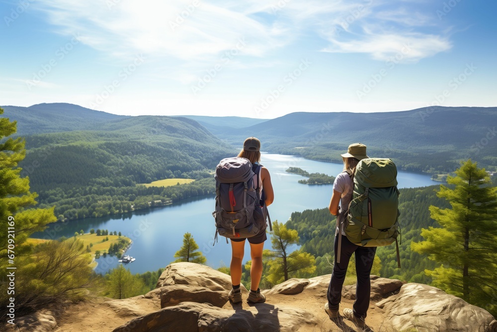 An AI illustration of two people are standing on the edge of a mountain looking out at a lake