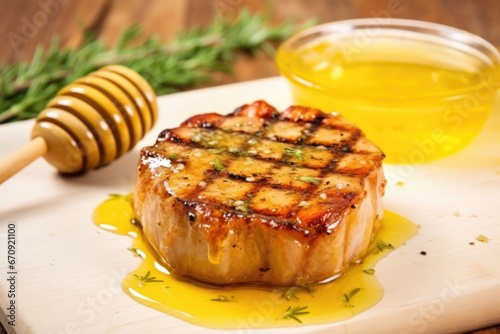 grilled chop topped with a dollop of honey mustard