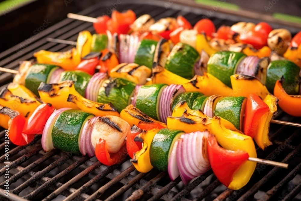 skewered veggies stacked on a grill