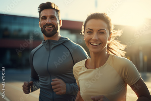Couple doing sport together outdoor, running together. Morning run. Healthy lifestyle. Sport concept