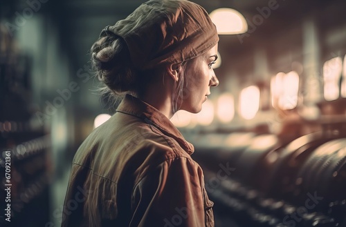 Factory vintage woman worker early morning. Girl person in white work suit. Generate Ai