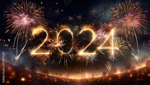 Happy New Year 2024 with fireworks in the night sky