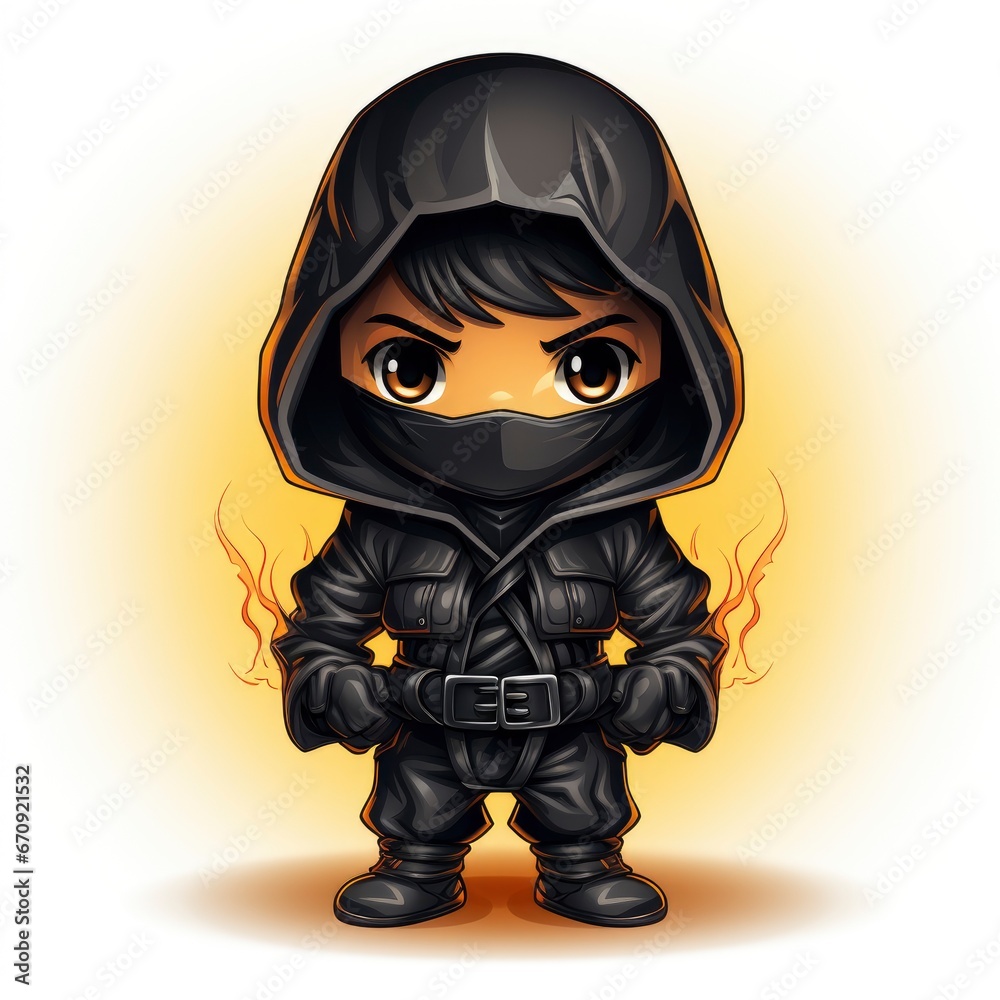 Cute Ninja With Double Stick Weapon , Cartoon, Icon Illustration Cute Ninja With Double Stick Weapon , Cartoon, Icon Illustration