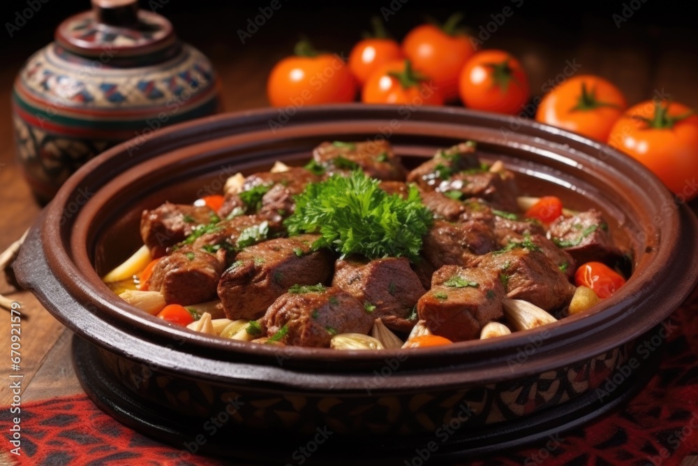 moroccan lamb skewers in a traditional clay tajine moroccan lamb skewers in a traditional clay tajine