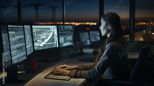 Air traffic controller in the tower, working
