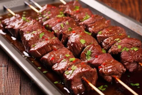 beef skewers covered in a glossy marinade