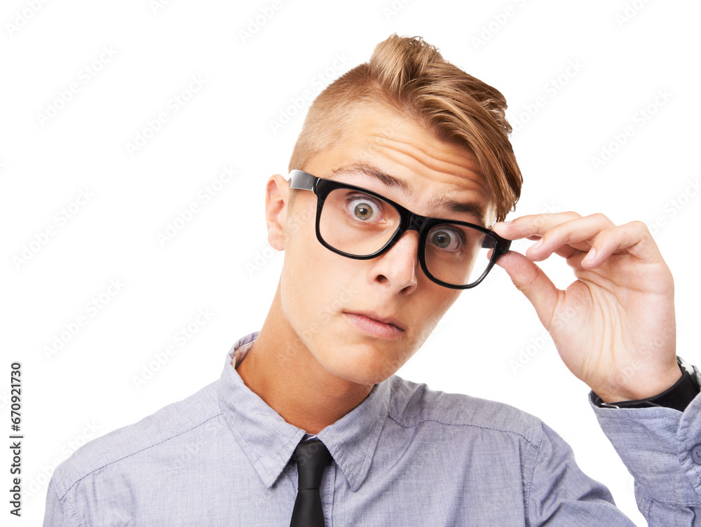 Business man, wow and looking with glasses isolated on transparent png background for optometry surprise or frame choice. Face, check and professional person with eye care promotion, sale or shocked Business man, wow and looking with glasses isolated on transparent png background for optometry surprise or frame choice. Face, check and professional person with eye care promotion, sale or shocked
