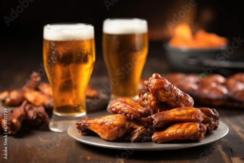close look at grilled wings texture beside frosty ipa glass
