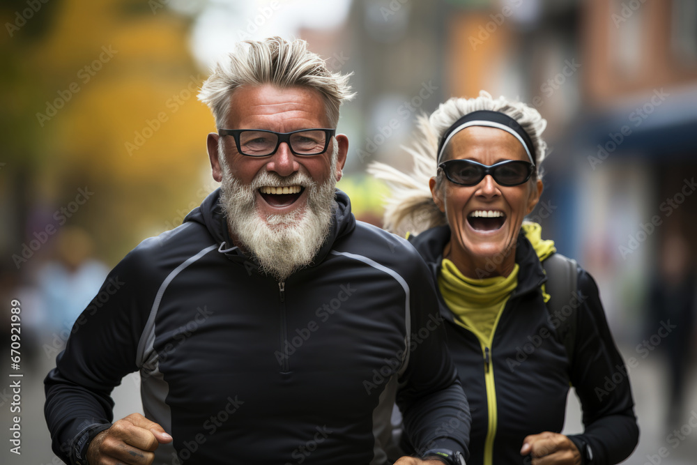 aged couple doing sport together outdoor, running together. Morning run. Healthy lifestyle. aged couple doing sport together outdoor, running together. Morning run. Healthy lifestyle.