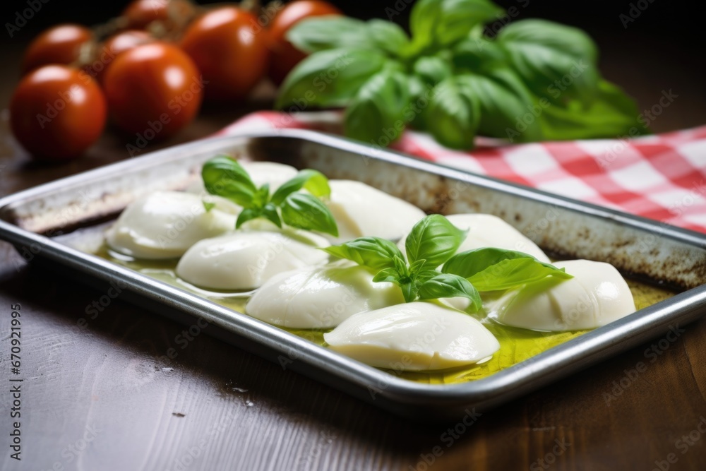 smoked mozzarella placed on a tray with basil leaves smoked mozzarella placed on a tray with basil leaves