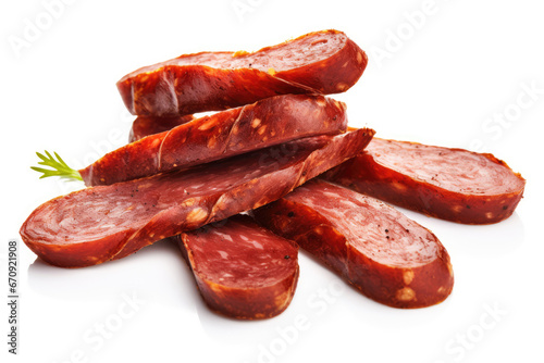 Slices of cured sausage on white background photo