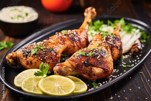 close up of jerk chicken drumsticks with sesame seed topping