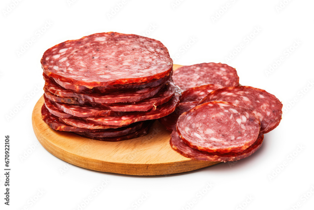 Slices of cured sausage on white background