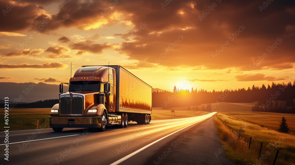 American style truck driving on the asphalt road against beautiful sunset