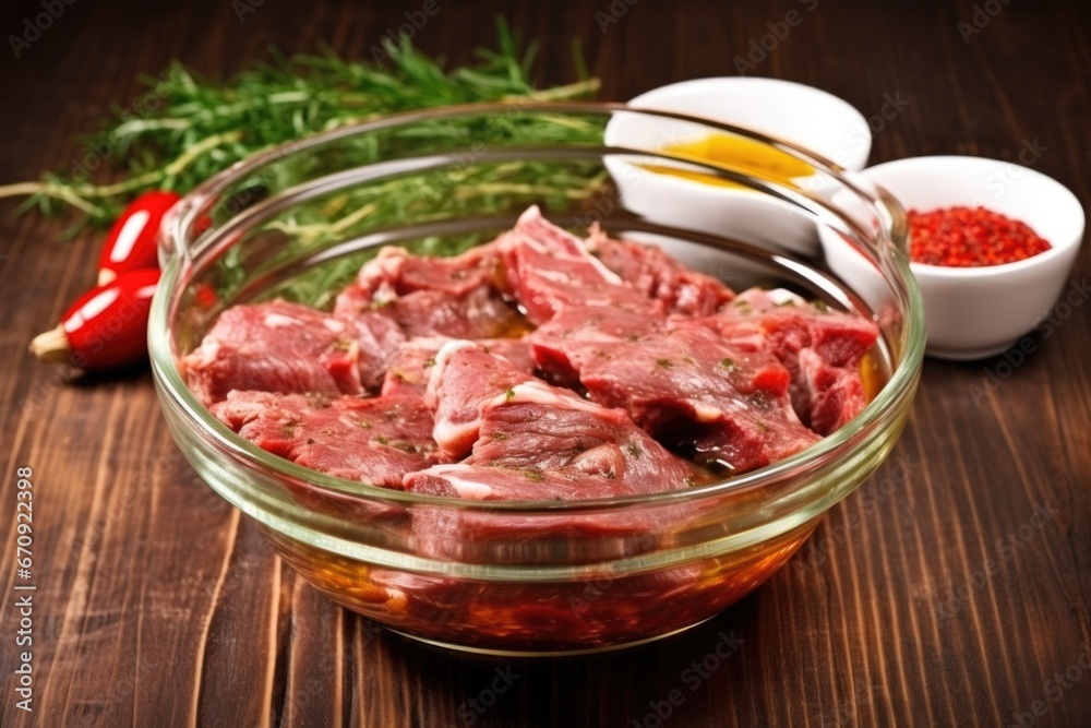 raw ribs marinated with thick sauce in a glass bowl