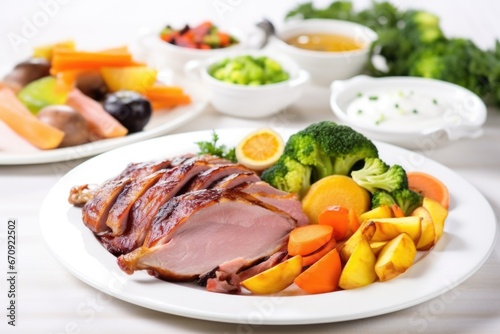 smoked duck on white plate with a side of mixed vegetables