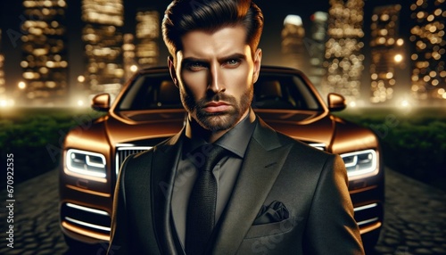 Sharp Dressed Man with Luxury Car Amidst City Lights © _veiksme_