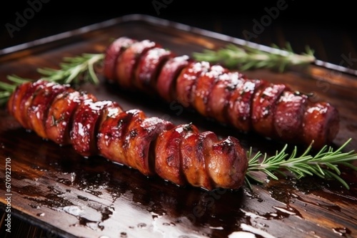 smoked sausage links with rosemary sprigs