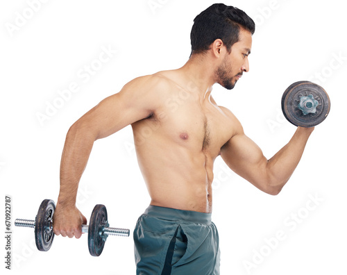 Profile, fitness and dumbbells with a bodybuilder man isolated on a transparent background for health or wellness. Exercise, bicep or muscle with a strong male athlete on PNG for a training workout