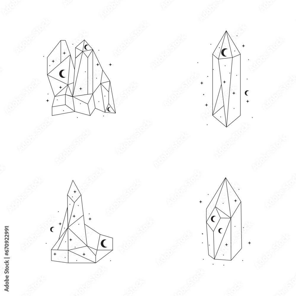 Celestial Crystal Outline With Abstract Decoration. Vector Illustration Set. 