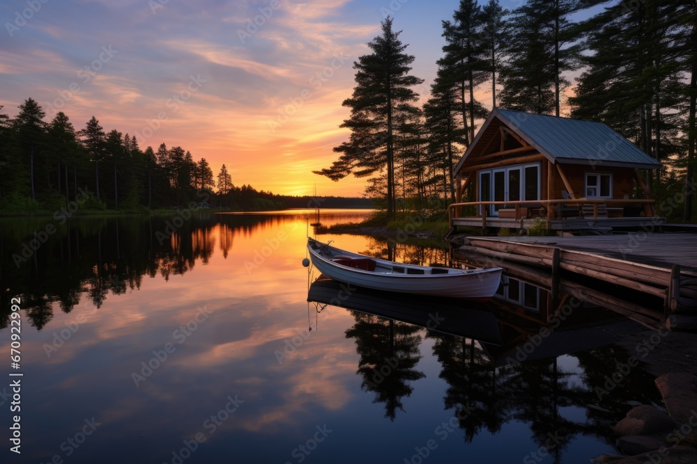 log cabin, dock, and a sailboat floating on a calm lake at sunset log cabin, dock, and a sailboat floating on a calm lake at sunset