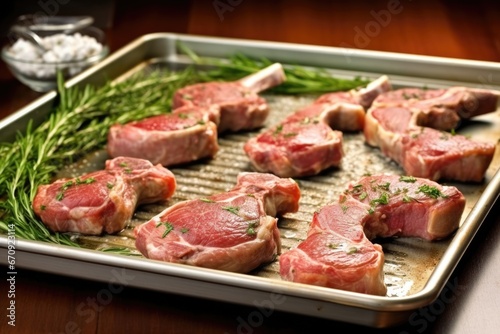 multiple lamb chops with a thermometer on a baking sheet