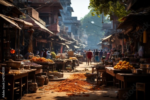 Bustling street market in Old Delhi, India, Generative AI photo