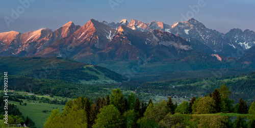 Fototapeta Naklejka Na Ścianę i Meble -  Spring panorama over Spisz highland to Tatra mountains in the morning, Poland and Slovakia.
