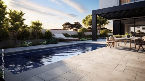 Backyard of a modern residence with a swimming pool made of tiles.