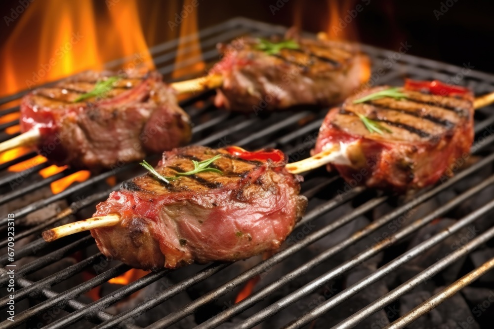 grilled lamb chops on a grill mat with visible flames underneath