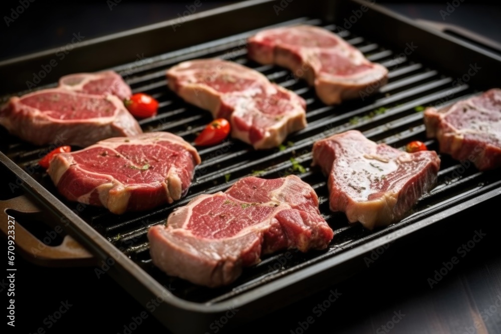 semi-cooked lamb chops featuring grill marks on a stovetop grill pan semi-cooked lamb chops featuring grill marks on a stovetop grill pan