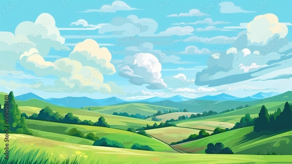 Illustration of summer fields with hills and blue sky with clouds