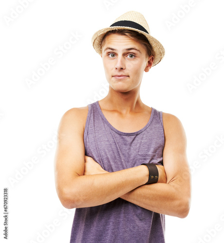 Portrait, fashion and summer with a man arms crossed isolated on a transparent background for travel or vacation. Relax, clothes and style with a handsome young male tourist on PNG for a holiday